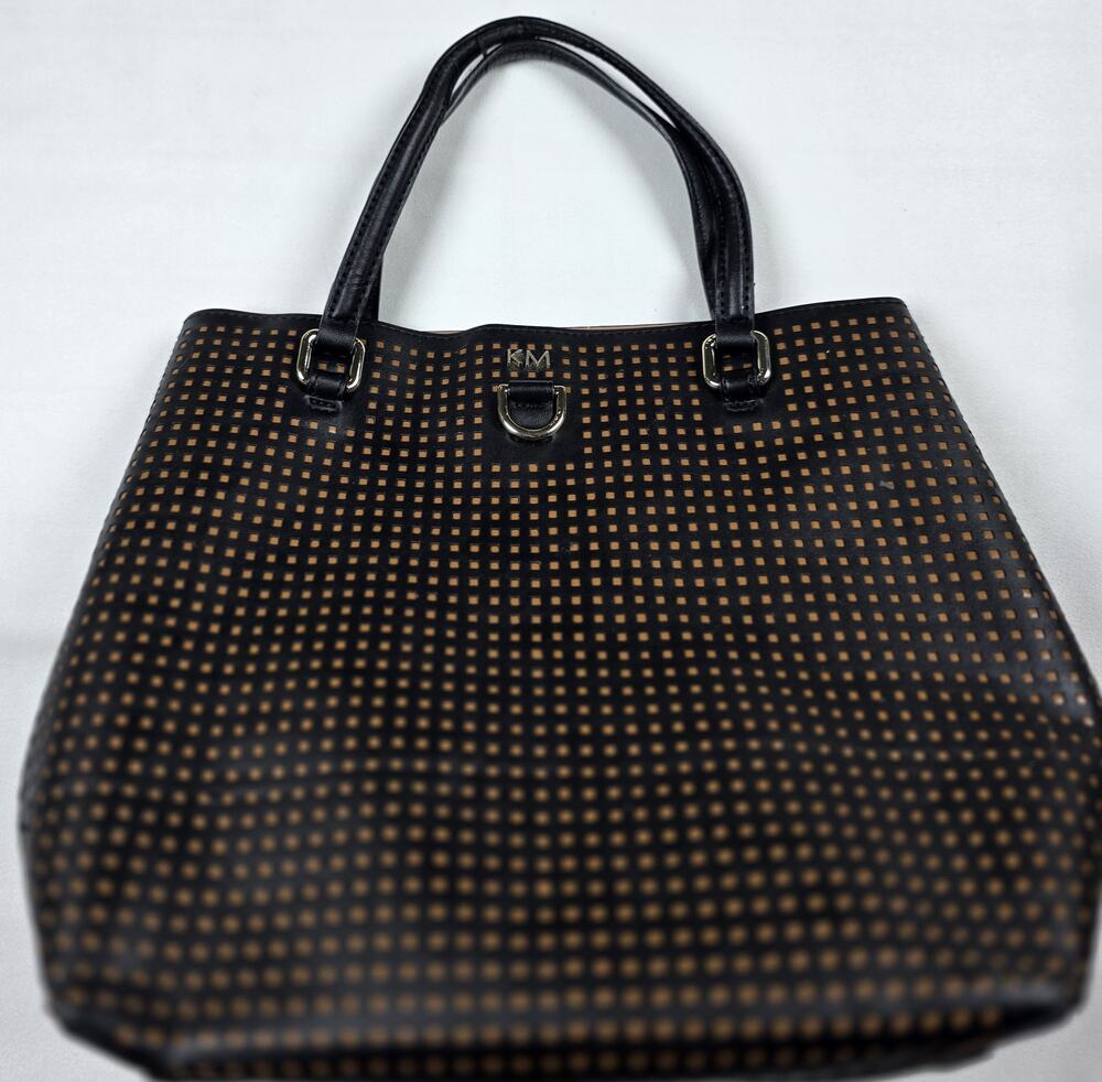 Karen Millen Bucket Bag, Black, Brown KM logo.